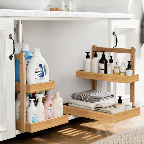 2-Tier under Sink Pull Out Organizer, Bamboo Cabinet Storage Shelf with Adjustable Height, Slide Out for Kitchen Bathroom Pantry (Natural, 2 Packs)