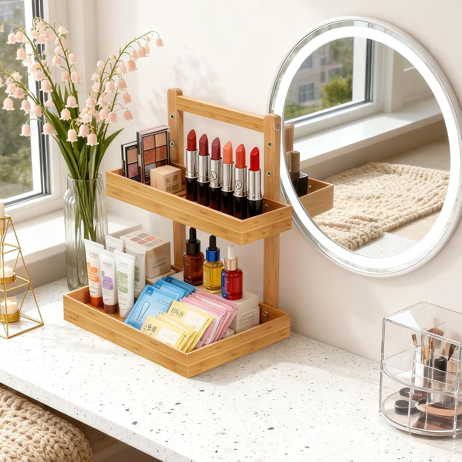 2-Tier under Sink Pull Out Organizer, Bamboo Cabinet Storage Shelf with Adjustable Height, Slide Out for Kitchen Bathroom Pantry (Natural, 2 Packs)