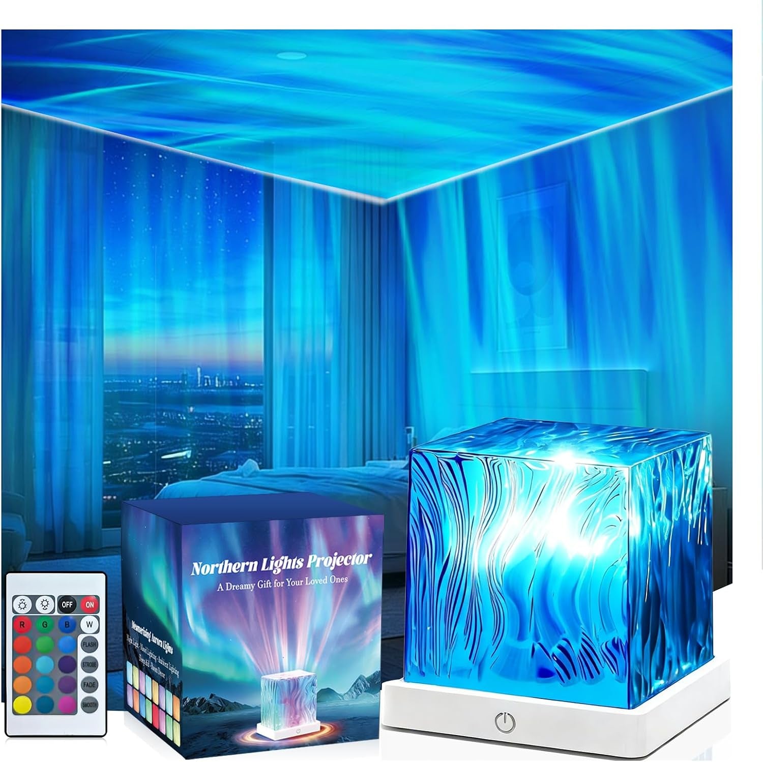 Northern Lights Projector, Cube Aurora Galaxy Projector with Remote, 16 Color Mood Lighting Dimmable Ocean Light, Memory Function, Trendy Cute Stuff for Teen Girls Gifts Bedroom Room