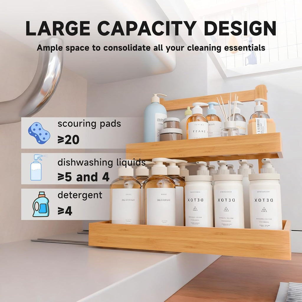 2-Tier under Sink Pull Out Organizer, Bamboo Cabinet Storage Shelf with Adjustable Height, Slide Out for Kitchen Bathroom Pantry (Natural, 2 Packs)