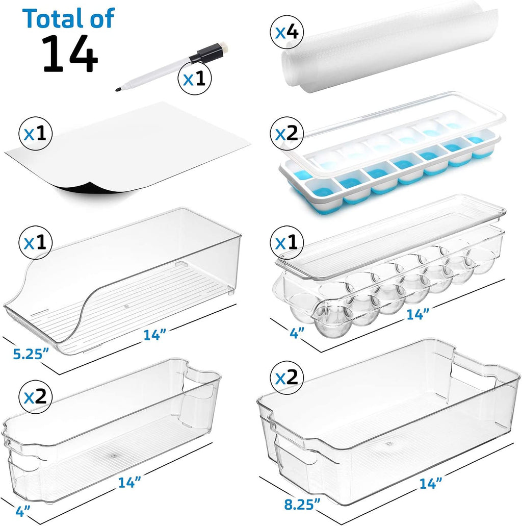 Fridge Organizer - 14 Piece Refrigerator Organizer Bins - Stackable Freezer Organizer - Clear Refrigerator Organizer - Acrylic Fridge Bins, (VDS-SB-BIN-14SET)
