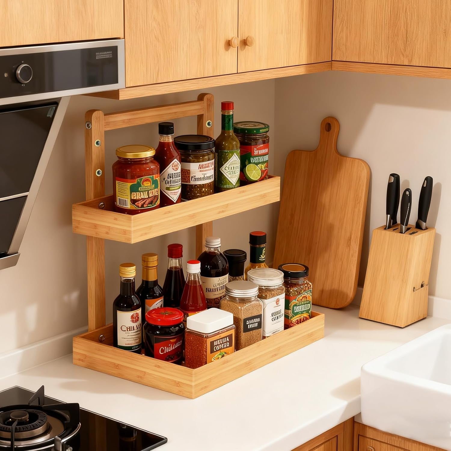 2-Tier under Sink Pull Out Organizer, Bamboo Cabinet Storage Shelf with Adjustable Height, Slide Out for Kitchen Bathroom Pantry (Natural, 2 Packs)