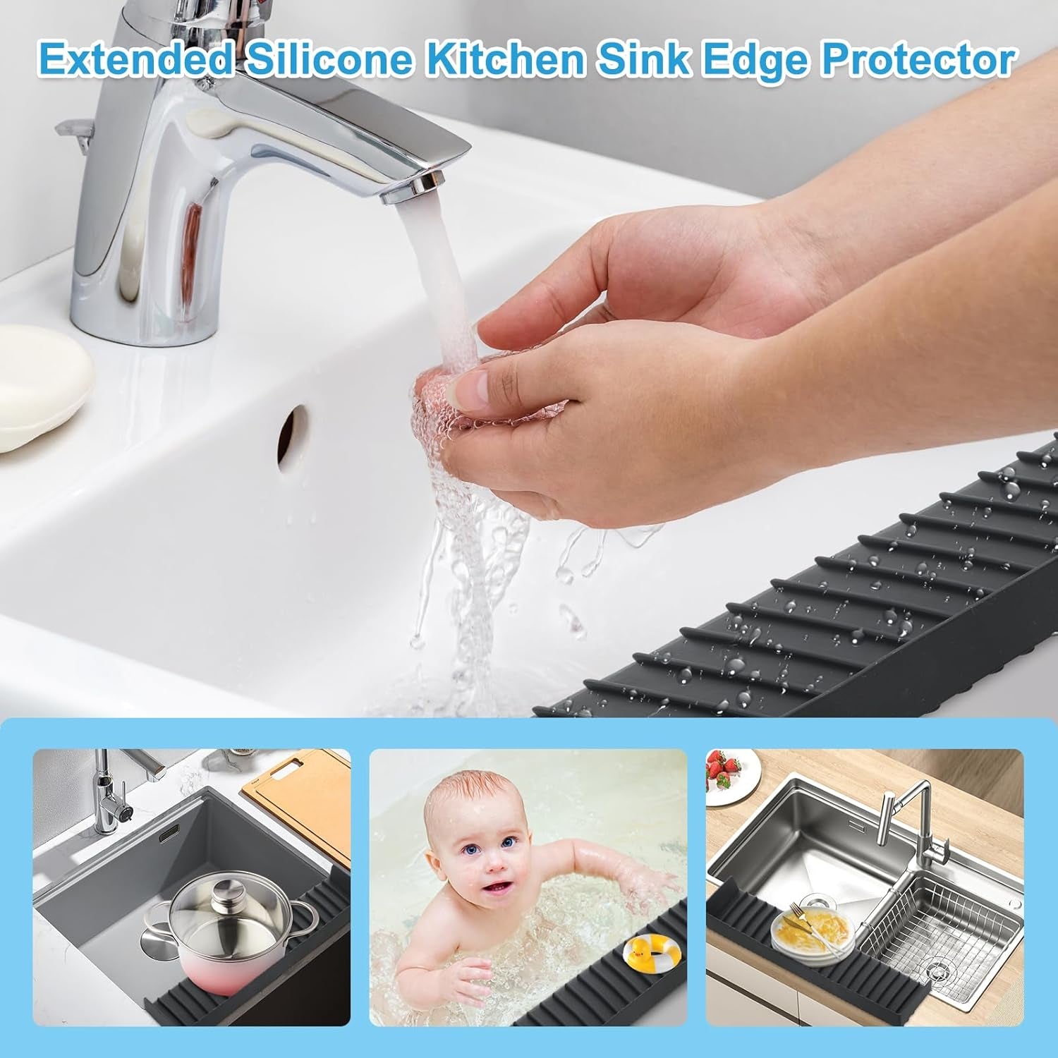 Silicone Faucet Splash Guard 4" X 30", Faucet Water Catcher Mat, Longer Silicone Sink Mat for Kitchen, Bathroom, Laundry Room, Farmhouse for Quartz Kitchen Sink（Black）