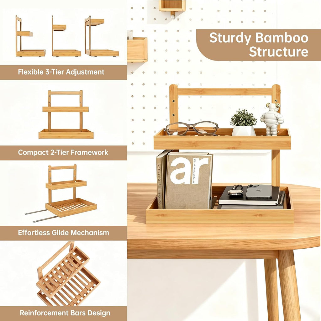2-Tier under Sink Pull Out Organizer, Bamboo Cabinet Storage Shelf with Adjustable Height, Slide Out for Kitchen Bathroom Pantry (Natural, 2 Packs)